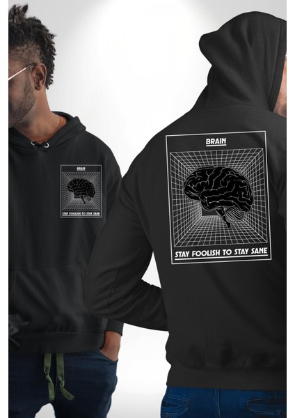 Beyin: Akıl Sağlığını Korumanın Yolu Siyah Kapüşonlu Sweatshirt Kadın Erkek Ön Minimal Sırt Baskılı