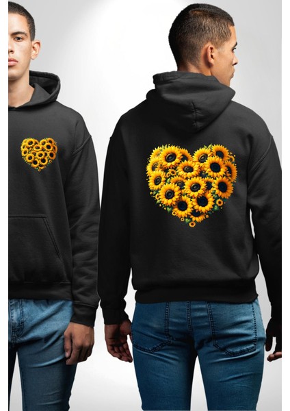 Ayçiçeği Ile Özel Tasarım Kalp Bahar Siyah Kapüşonlu Sweatshirt Kadın Erkek Ön Minimal Sırt Baskılı