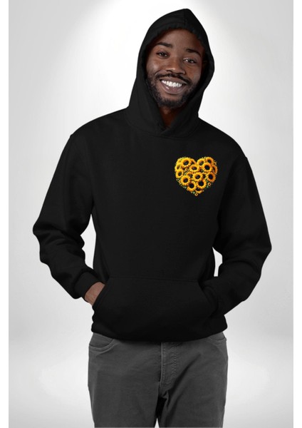 Ayçiçeği Ile Özel Tasarım Kalp Bahar Siyah Kapüşonlu Sweatshirt Kadın Erkek Ön Minimal Sırt Baskılı fiyatları