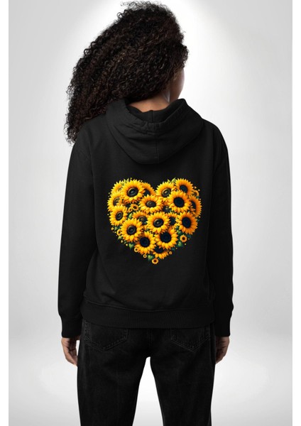 Ayçiçeği Ile Özel Tasarım Kalp Bahar Siyah Kapüşonlu Sweatshirt Kadın Erkek Ön Minimal Sırt Baskılı modelleri