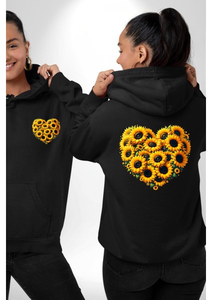 Ayçiçeği Ile Özel Tasarım Kalp Bahar Siyah Kapüşonlu Sweatshirt Kadın Erkek Ön Minimal Sırt Baskılı fırsatları