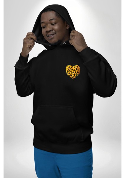 Ayçiçeği Ile Özel Tasarım Kalp Bahar Siyah Kapüşonlu Sweatshirt Kadın Erkek Ön Minimal Sırt Baskılı indirimleri