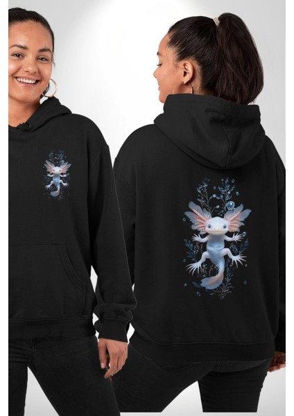 Su Perisi Sualtı Canavarı Tasarımı Siyah Kapüşonlu Sweatshirt Kadın Erkek Ön Minimal Sırt Baskılı