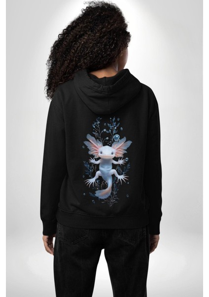 Su Perisi Sualtı Canavarı Tasarımı Siyah Kapüşonlu Sweatshirt Kadın Erkek Ön Minimal Sırt Baskılı modelleri