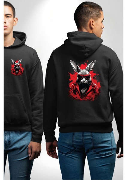 Rahat ve Tarz Karanlık Tavşan Siyah Kapüşonlu Sweatshirt Kadın Erkek Ön Minimal Sırt Baskılı