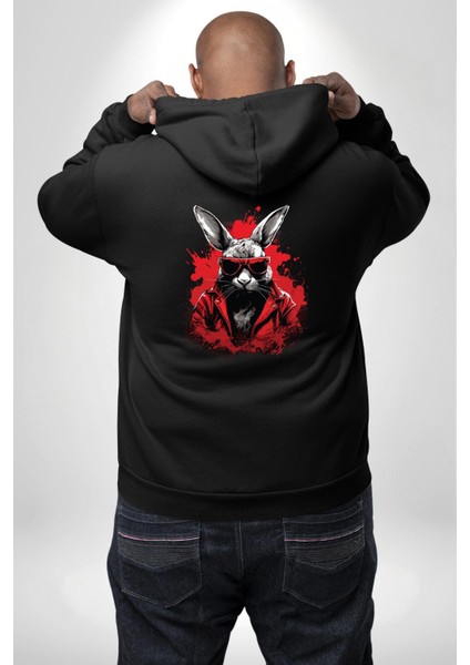 Rahat ve Tarz Karanlık Tavşan Siyah Kapüşonlu Sweatshirt Kadın Erkek Ön Minimal Sırt Baskılı modelleri