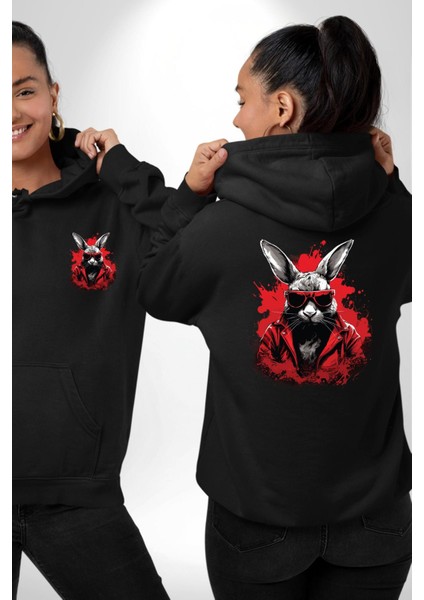 Rahat ve Tarz Karanlık Tavşan Siyah Kapüşonlu Sweatshirt Kadın Erkek Ön Minimal Sırt Baskılı fırsatları