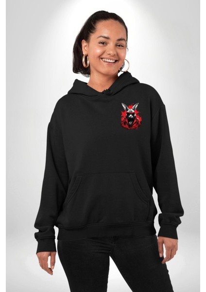 Rahat ve Tarz Karanlık Tavşan Siyah Kapüşonlu Sweatshirt Kadın Erkek Ön Minimal Sırt Baskılı indirimleri