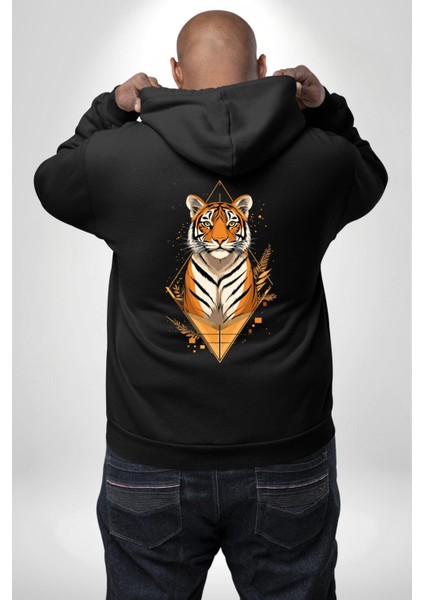 Kaplan Sanatsal Siyah Kapüşonlu Sweatshirt Kadın Erkek Ön Minimal Sırt Baskılı modelleri