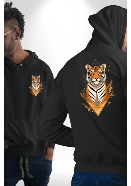 Kaplan Sanatsal Siyah Kapüşonlu Sweatshirt Kadın Erkek Ön Minimal Sırt Baskılı fırsatları