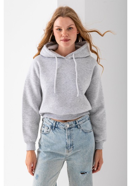 Kadın Kapüşonlu 3ip Şardonlu Crop Sweatshirt Gri - 2612