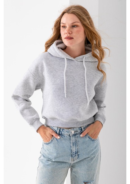 Kadın Kapüşonlu 3ip Şardonlu Crop Sweatshirt Gri - 2612 fiyatları