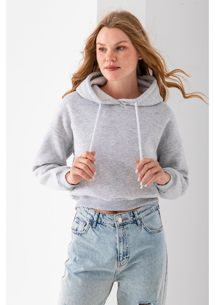 Kadın Kapüşonlu 3ip Şardonlu Crop Sweatshirt Gri - 2612 modelleri