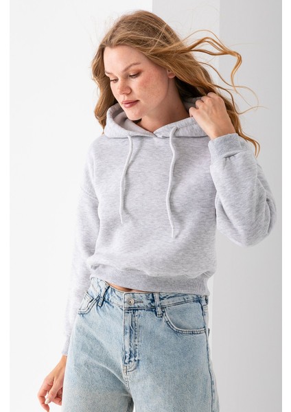 Kadın Kapüşonlu 3ip Şardonlu Crop Sweatshirt Gri - 2612 fırsatları
