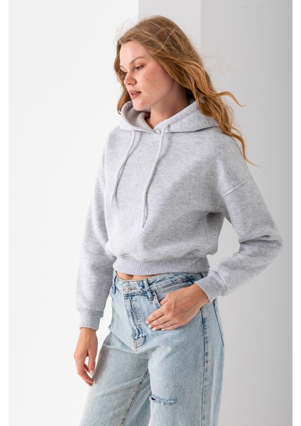 Kadın Kapüşonlu 3ip Şardonlu Crop Sweatshirt Gri - 2612