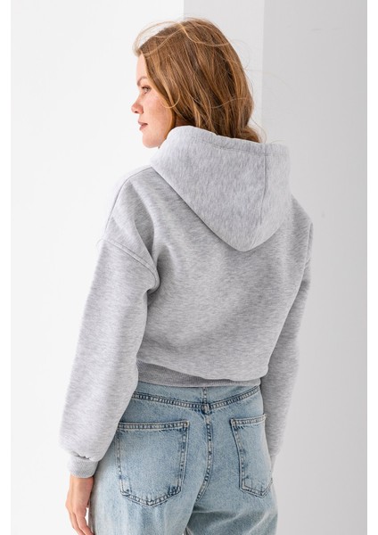 Kadın Kapüşonlu 3ip Şardonlu Crop Sweatshirt Gri - 2612