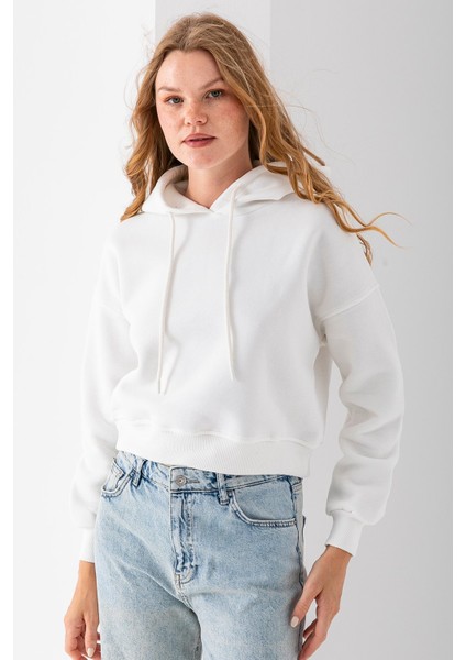 Kadın Kapüşonlu 3ip Şardonlu Crop Sweatshirt Beyaz - 2612