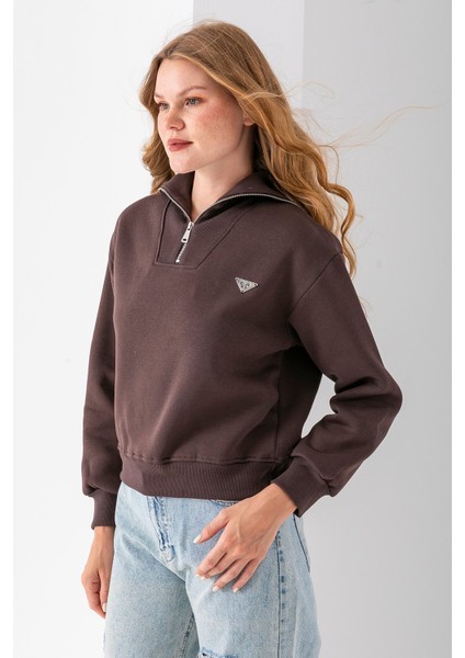 Kadın Dik Yaka Yarım Fermuarlı Kelebek Aksesuarlı 3ip Şardonlu Sweatshirt Kahverengi - 2663 modelleri