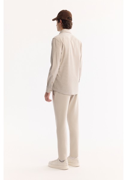 Erkek Bej Düğmeli Yaka Bi-Stretch Kolay Ütülenen Çizgili Slim Fit Gömlek A52Y2098