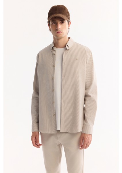 Erkek Bej Düğmeli Yaka Bi-Stretch Kolay Ütülenen Çizgili Slim Fit Gömlek A52Y2098 modelleri