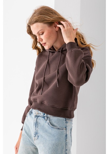 Kadın Kapüşonlu 3ip Şardonlu Crop Sweatshirt Kahverengi - 2612 modelleri