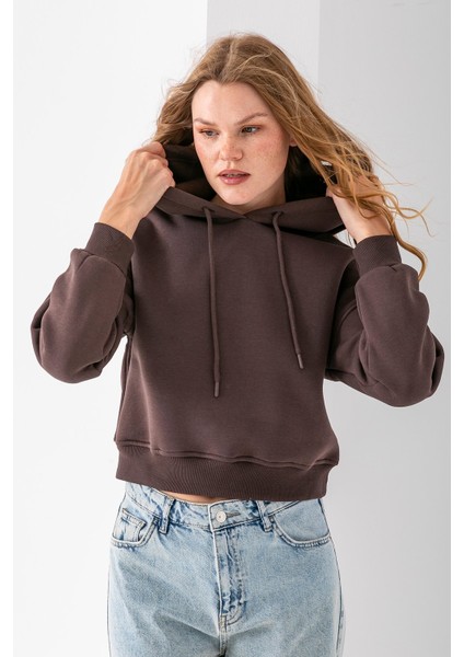 Kadın Kapüşonlu 3ip Şardonlu Crop Sweatshirt Kahverengi - 2612 fırsatları