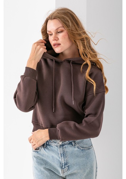 Kadın Kapüşonlu 3ip Şardonlu Crop Sweatshirt Kahverengi - 2612 indirimleri