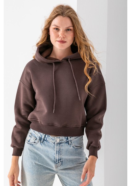 Kadın Kapüşonlu 3ip Şardonlu Crop Sweatshirt Kahverengi - 2612