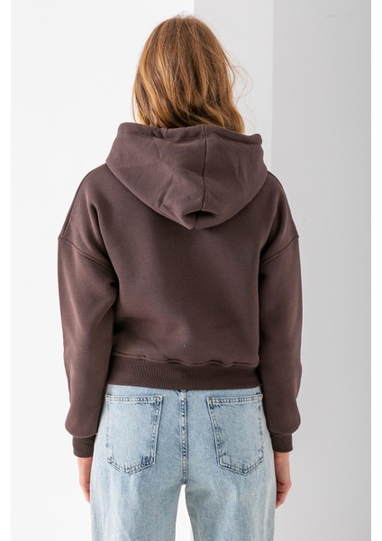 Kadın Kapüşonlu 3ip Şardonlu Crop Sweatshirt Kahverengi - 2612