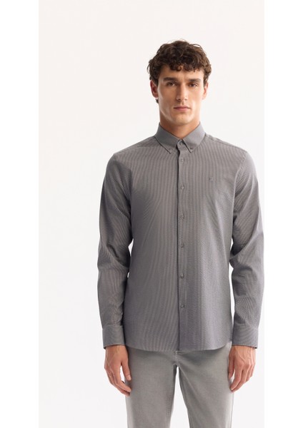 Erkek Gri Düğmeli Yaka Bi-Stretch Kolay Ütülenen Çizgili Slim Fit Gömlek A52Y2098 modelleri