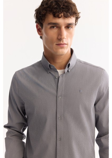 Erkek Gri Düğmeli Yaka Bi-Stretch Kolay Ütülenen Çizgili Slim Fit Gömlek A52Y2098 indirimleri