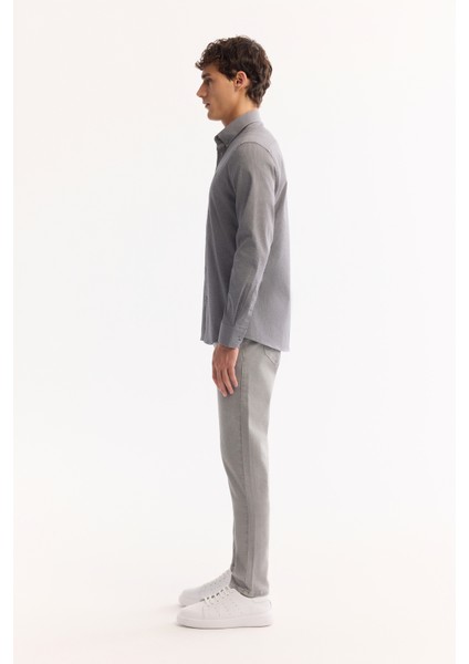 Erkek Gri Düğmeli Yaka Bi-Stretch Kolay Ütülenen Çizgili Slim Fit Gömlek A52Y2098