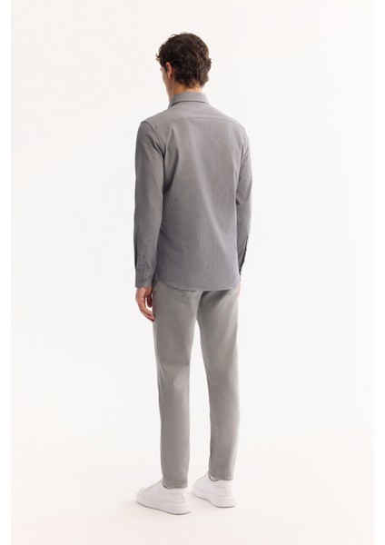 Erkek Gri Düğmeli Yaka Bi-Stretch Kolay Ütülenen Çizgili Slim Fit Gömlek A52Y2098