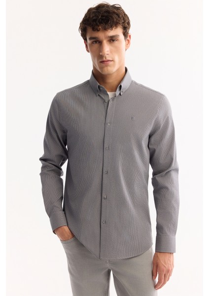 Erkek Gri Düğmeli Yaka Bi-Stretch Kolay Ütülenen Çizgili Slim Fit Gömlek A52Y2098 fiyatları