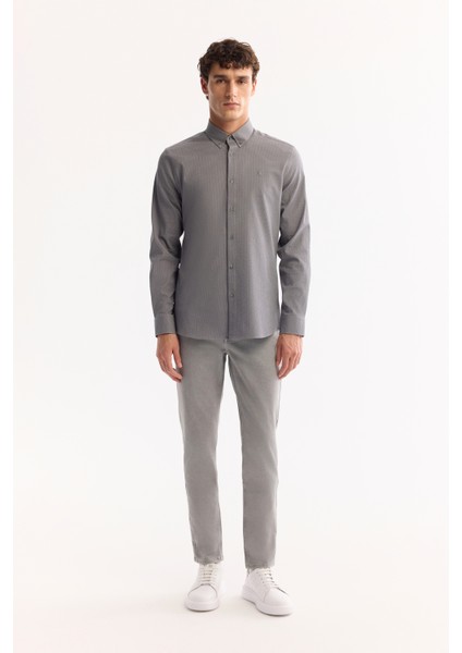 Erkek Gri Düğmeli Yaka Bi-Stretch Kolay Ütülenen Çizgili Slim Fit Gömlek A52Y2098 fırsatları