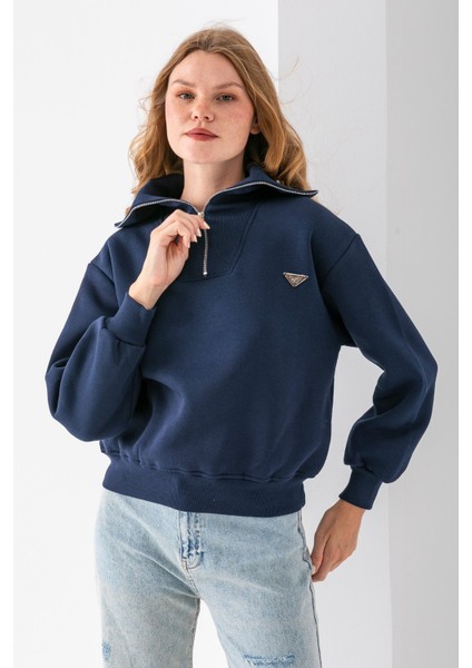 Kadın Dik Yaka Yarım Fermuarlı Kelebek Aksesuarlı 3ip Şardonlu Sweatshirt Lacivert - 2663 fırsatları