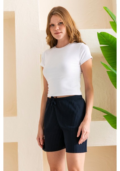 Kadın Fitilli Kaşkorse Süs Kuşaklı Şort Pijama Altı Lacivert - 6131 modelleri