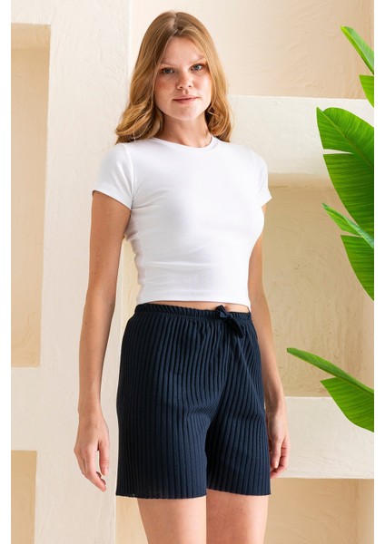 Kadın Fitilli Kaşkorse Süs Kuşaklı Şort Pijama Altı Lacivert - 6131