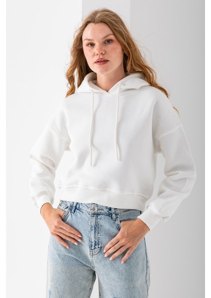 Kadın Kapüşonlu 3ip Şardonlu Crop Sweatshirt Beyaz - 2612