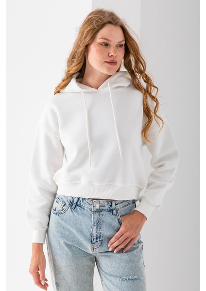 Kadın Kapüşonlu 3ip Şardonlu Crop Sweatshirt Beyaz - 2612 modelleri