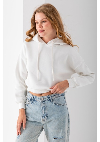 Kadın Kapüşonlu 3ip Şardonlu Crop Sweatshirt Beyaz - 2612 fırsatları