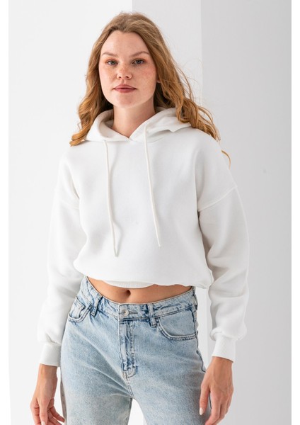 Kadın Kapüşonlu 3ip Şardonlu Crop Sweatshirt Beyaz - 2612 indirimleri