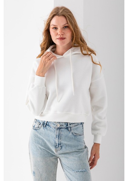 Kadın Kapüşonlu 3ip Şardonlu Crop Sweatshirt Beyaz - 2612