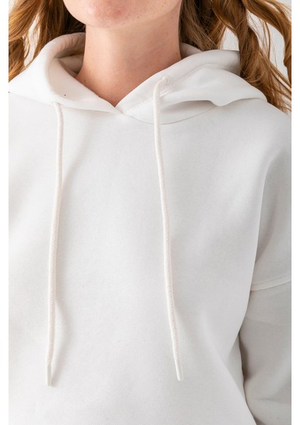 Kadın Kapüşonlu 3ip Şardonlu Crop Sweatshirt Beyaz - 2612