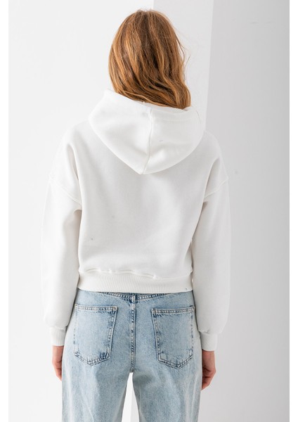 Kadın Kapüşonlu 3ip Şardonlu Crop Sweatshirt Beyaz - 2612