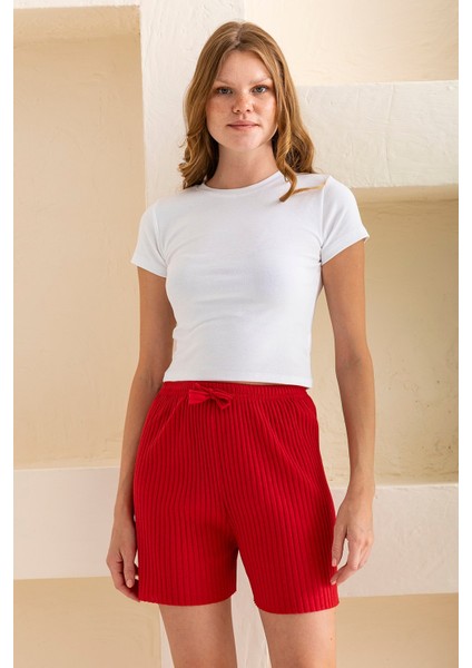 Kadın Fitilli Kaşkorse Süs Kuşaklı Şort Pijama Altı Kırmızı - 6131