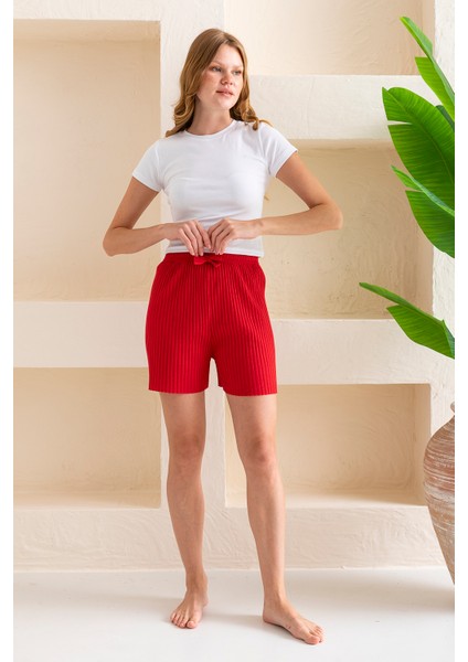 Kadın Fitilli Kaşkorse Süs Kuşaklı Şort Pijama Altı Kırmızı - 6131 fiyatları