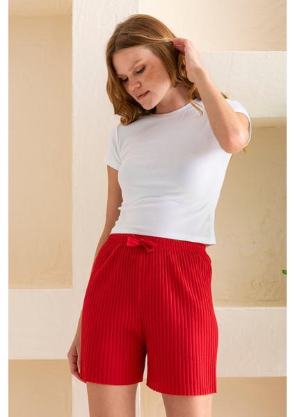 Kadın Fitilli Kaşkorse Süs Kuşaklı Şort Pijama Altı Kırmızı - 6131 modelleri