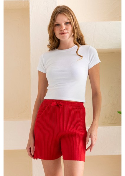 Kadın Fitilli Kaşkorse Süs Kuşaklı Şort Pijama Altı Kırmızı - 6131 fırsatları