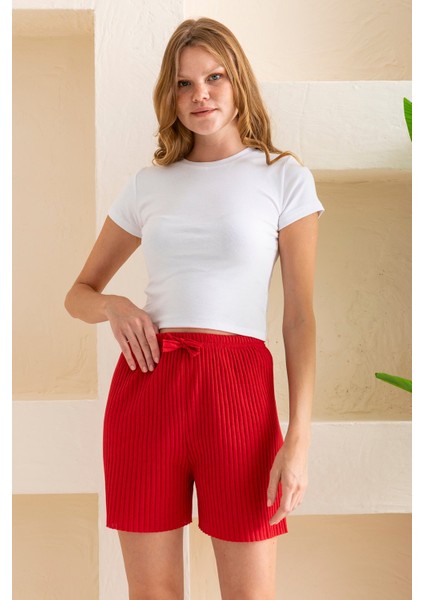 Kadın Fitilli Kaşkorse Süs Kuşaklı Şort Pijama Altı Kırmızı - 6131 indirimleri